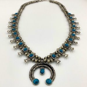 Steve Madden Squash Blossom Necklace, Faux Turquoise, Distressed Silvertone